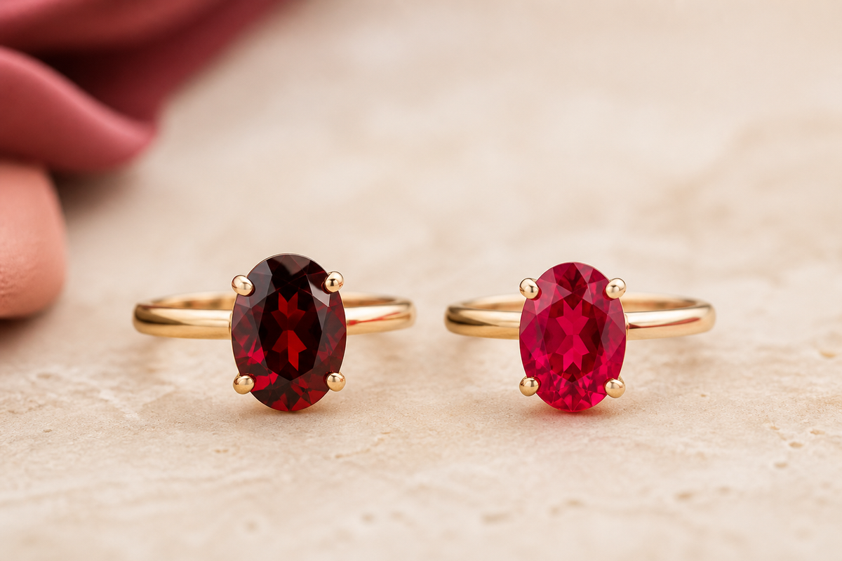 Two yellow-gold rings comparing a deep red garnet and a vivid red ruby