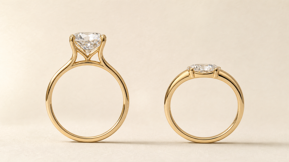 Side-view comparison of high-profile and low-profile yellow-gold solitaire engagement ring settings