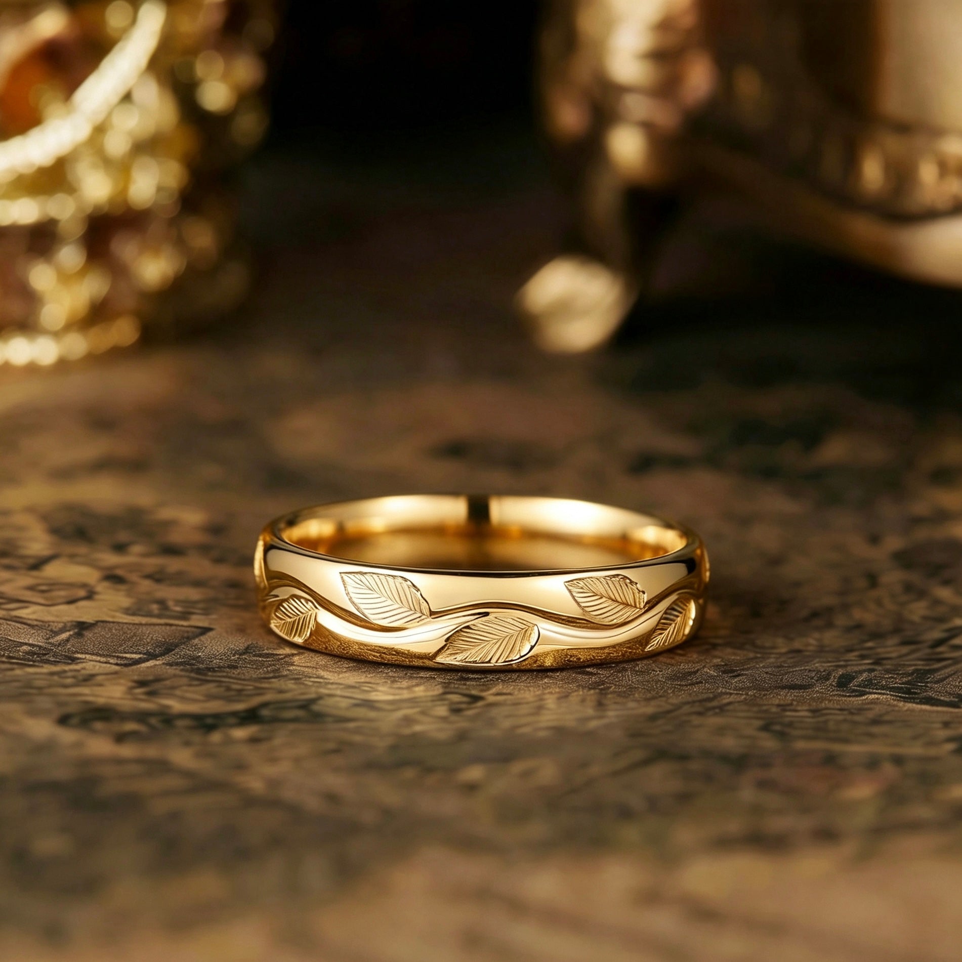Leaf Inspired | 5mm Leaf Veins Engraved Gold Men's Wedding Band
