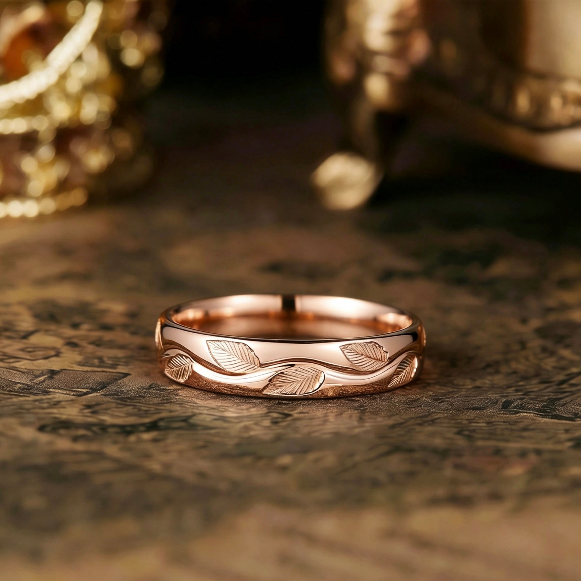 Leaf Inspired | 5mm Leaf Veins Engraved Gold Men's Wedding Band