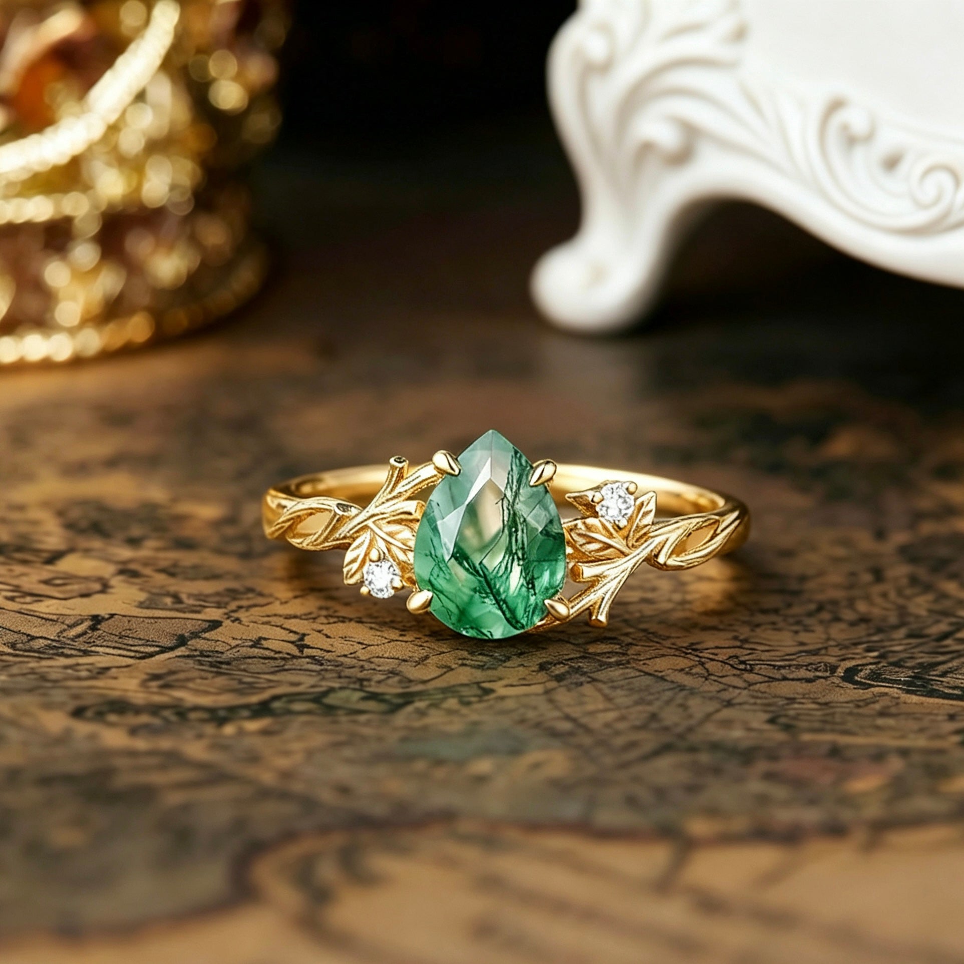 Bark Inspired | Pear Moss Agate Twig Engagement Ring
