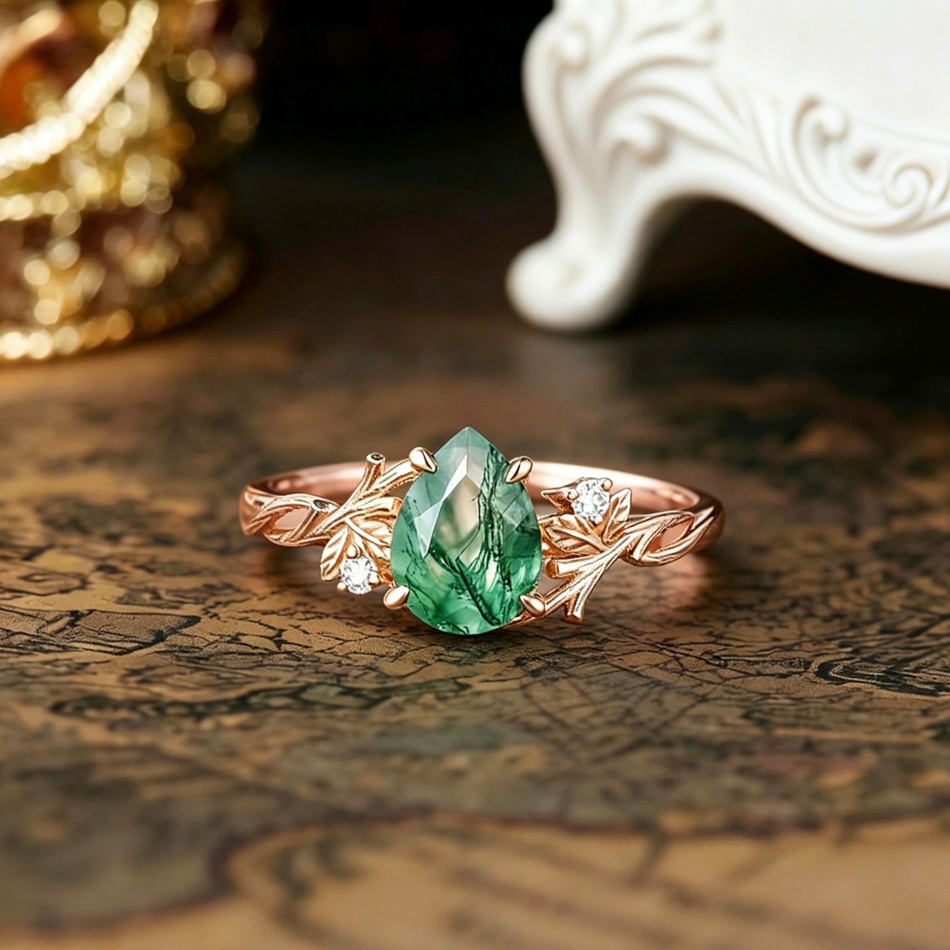 Bark Inspired | Pear Moss Agate Twig Engagement Ring