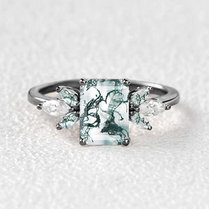Black Gold Emerald Cut Moss Agate Butterfly Fairy Engagement Ring
