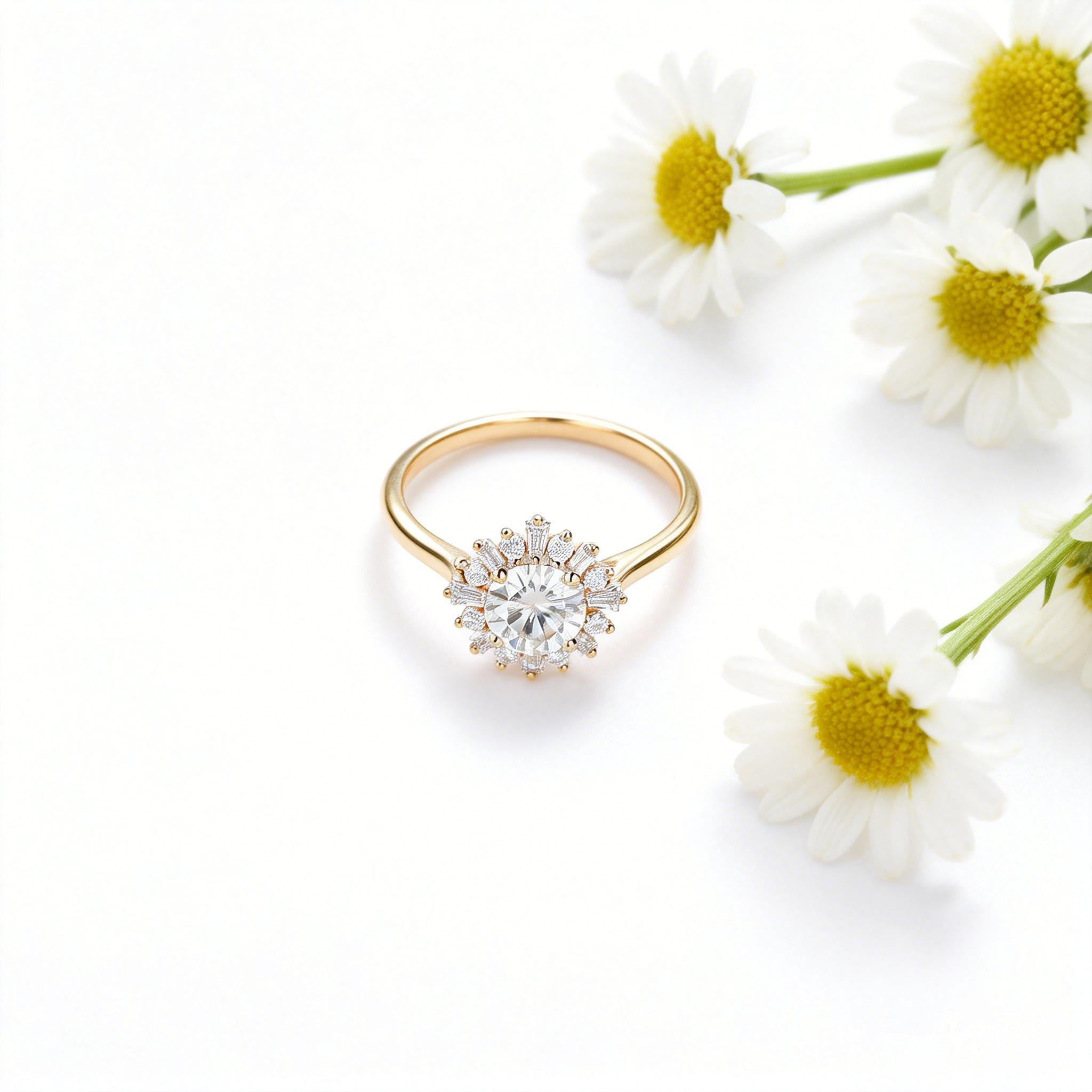 Sunflower Moissanite Halo Yellow Gold Inspired Ring