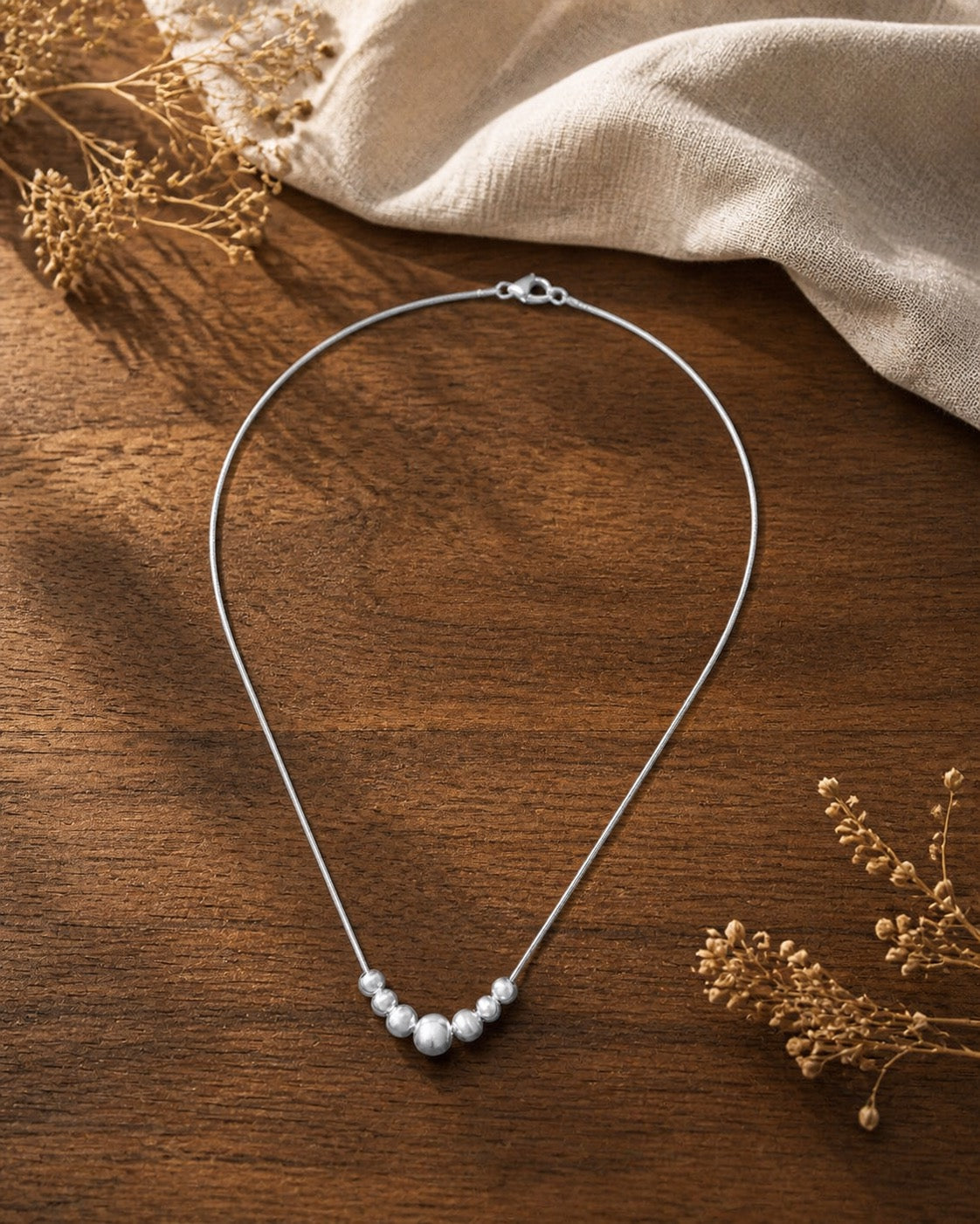 Silver Chatoyancy Ball Bead  Charm Necklace with Various Size Balls