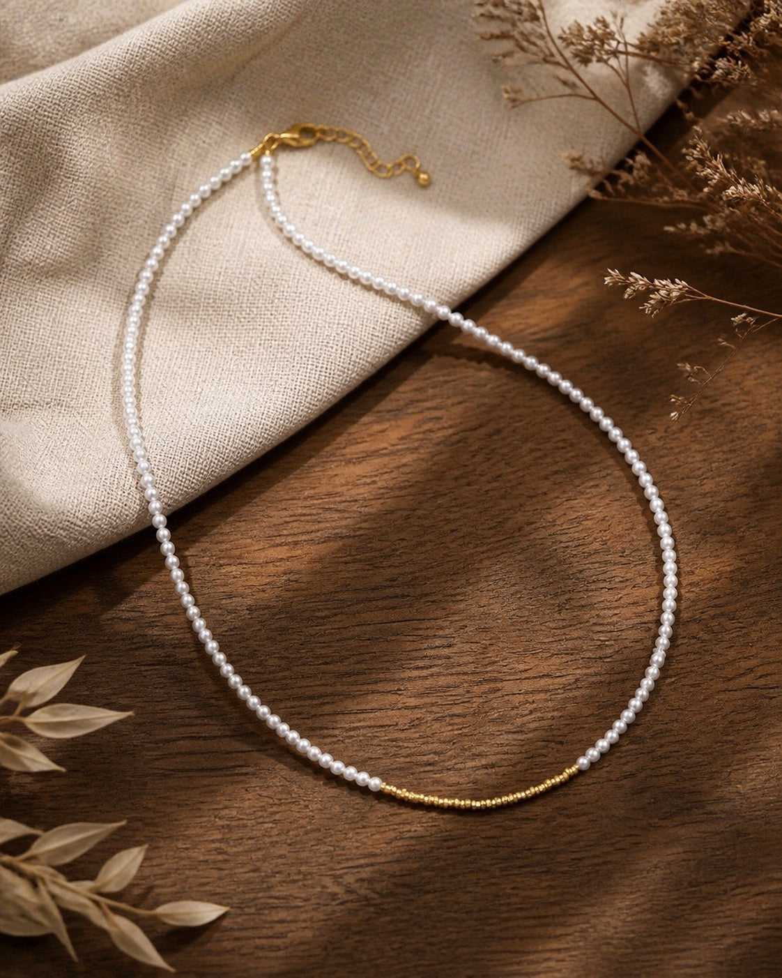 Minimal Mini Gold Beaded Pearl Choker Necklace