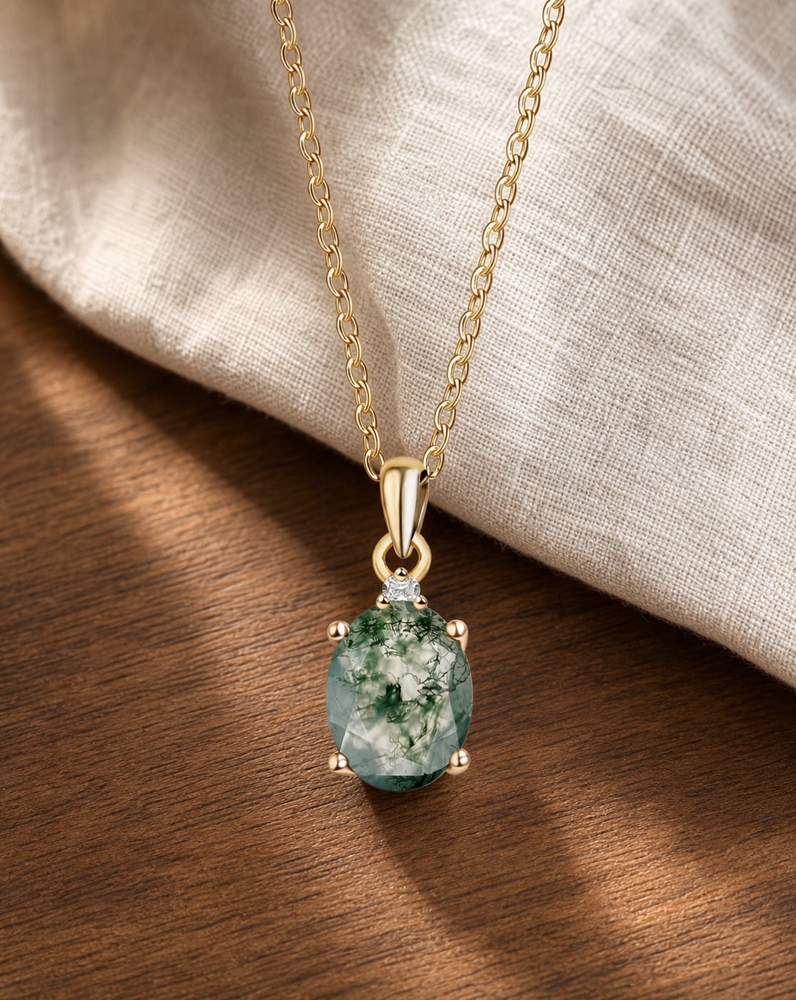 Luna Vessel Silver Moss Agate Pendant Necklace on warm walnut