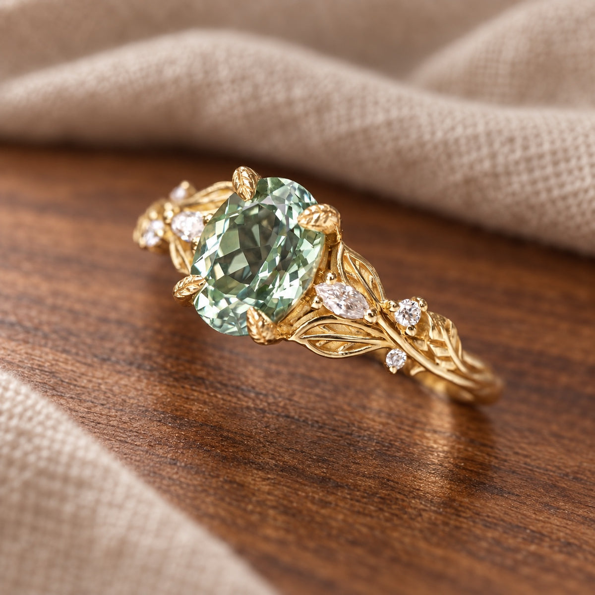 Kimberly oval-cut green sapphire leaf-and-vine milgrain engagement ring on warm walnut tabletop