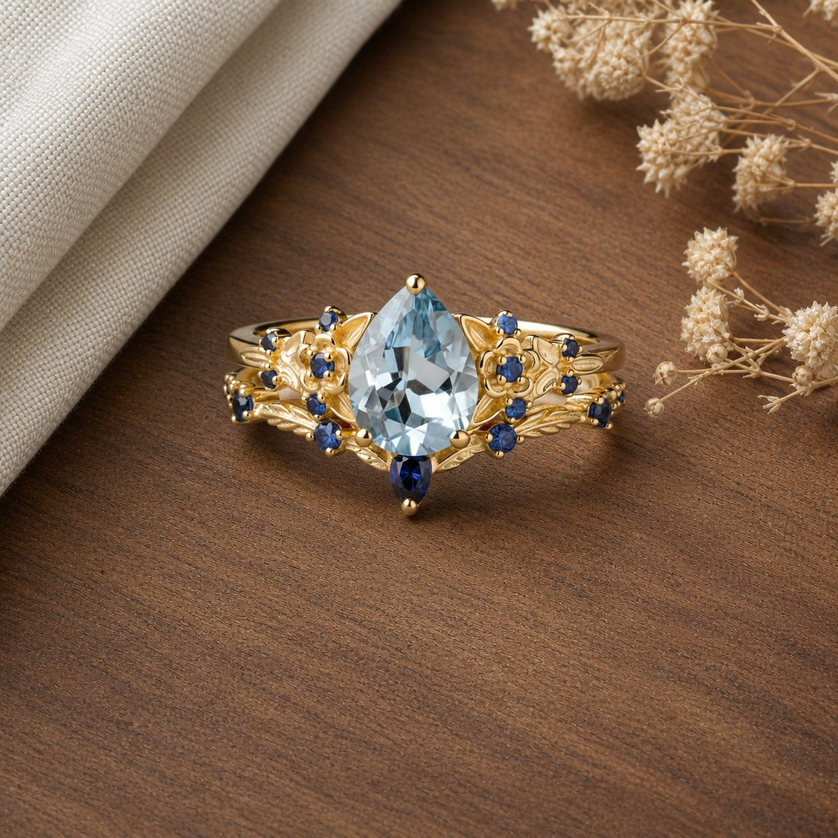 Nartya ring on warm walnut tabletop