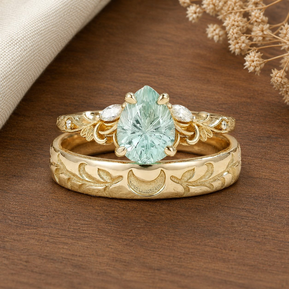 Nartya ring on warm walnut tabletop