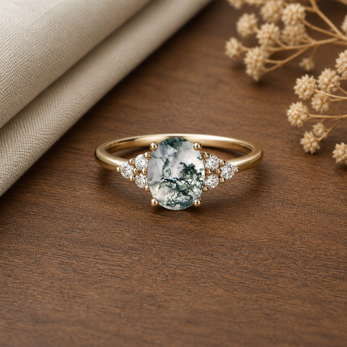 Aurora's Dew Oval Moss Agate Classic Cluster Engagement Ring on warm walnut tabletop
