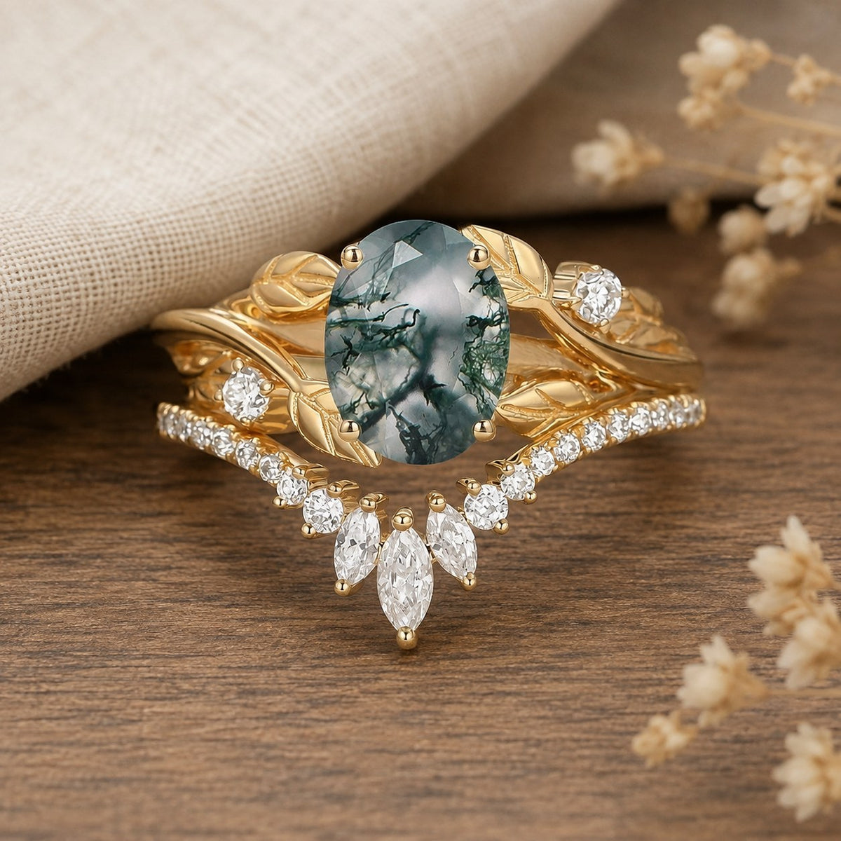 Black Gold Green Moss Agate Cluster Engagement Ring Set on warm walnut tabletop