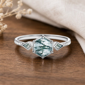 1.0ct Hexagon Moss Agate Bezel Engagement Ring on warm walnut tabletop
