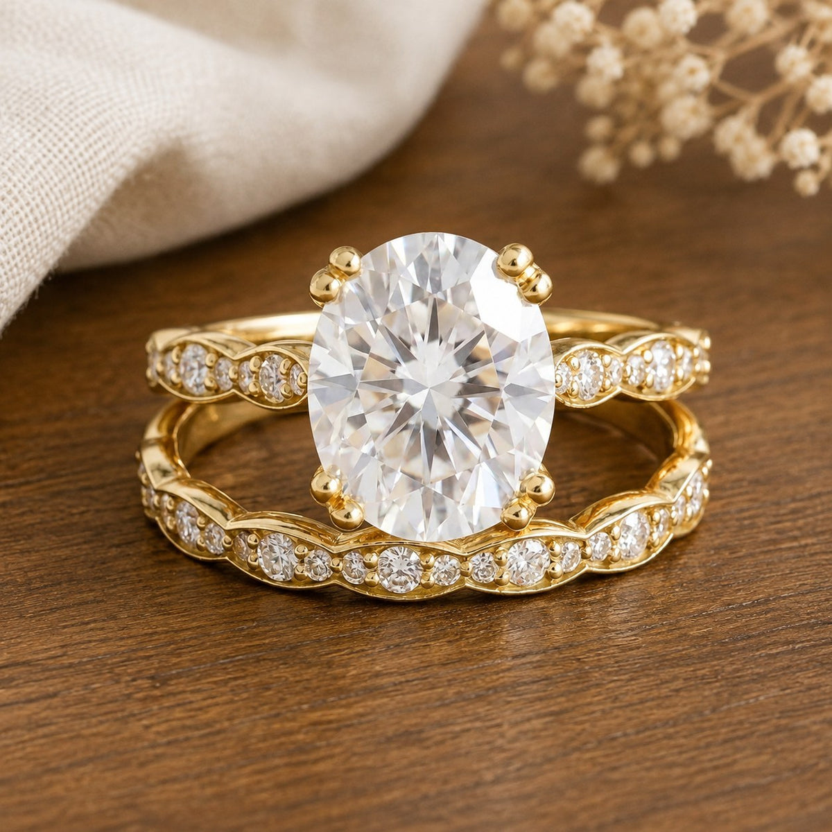 Grace’s Radiance 3ct oval moissanite bridal set on a natural walnut tabletop