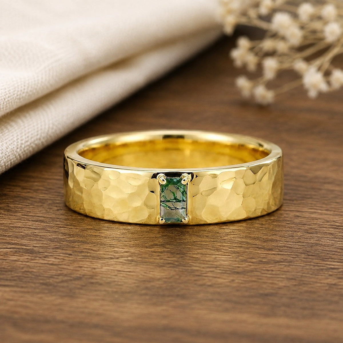 Elara's Drift Vintage Kite Cut Moss Agate Bridal Ring Set on warm walnut tabletop