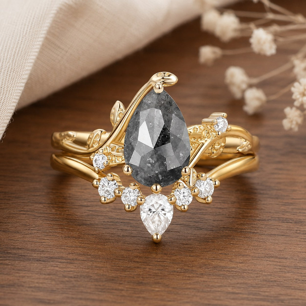 Celia's Tide Kite Cut Blue Aquamarine Bridal Ring Set on warm walnut tabletop