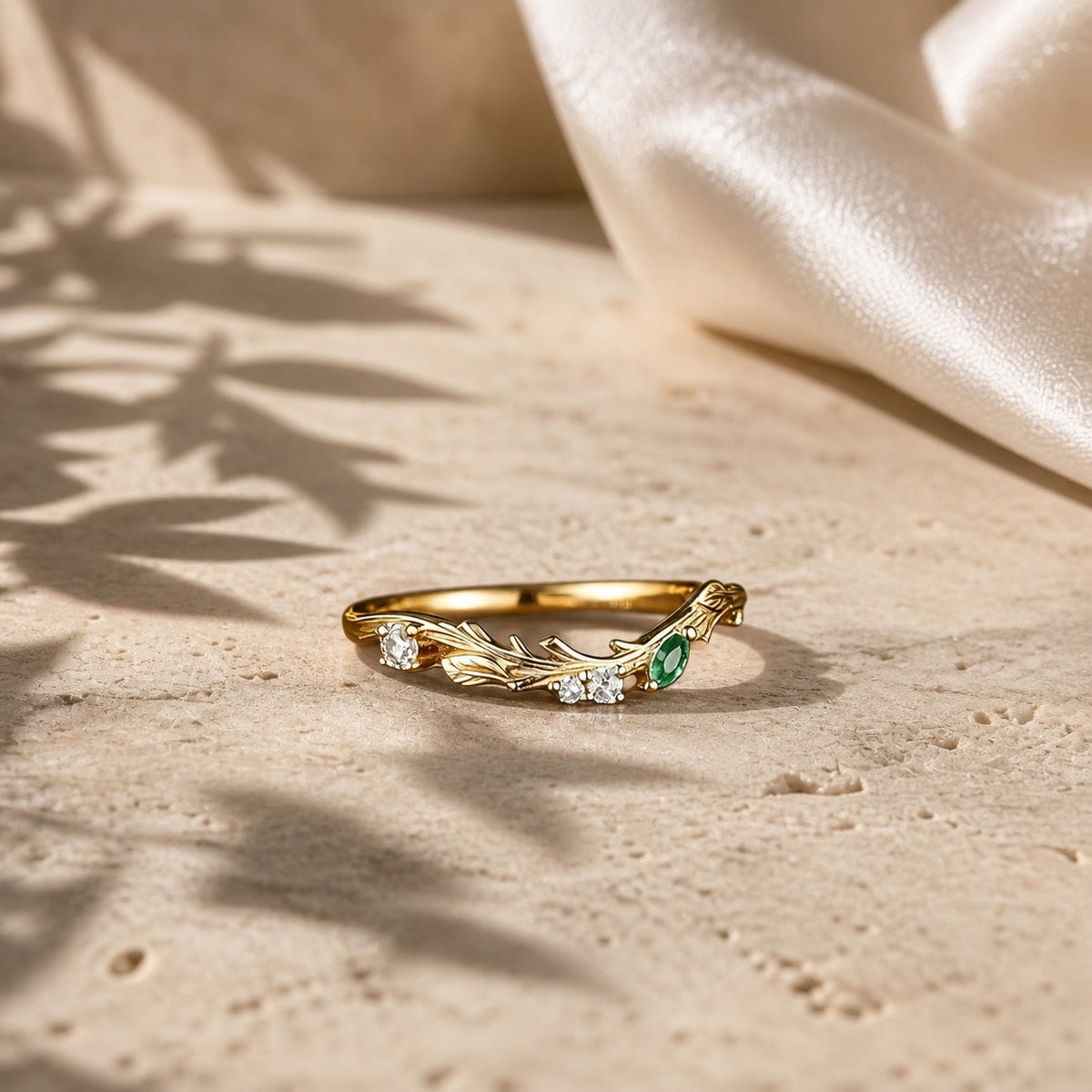 Bark Inspired Tree Texture Curved Wedding Band — front view on warm ivory limestone