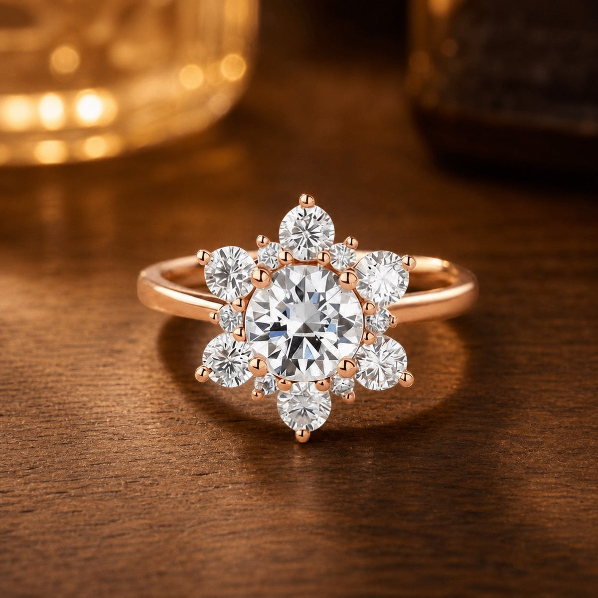 Snowflake shaped moissanite art deco ring on warm walnut