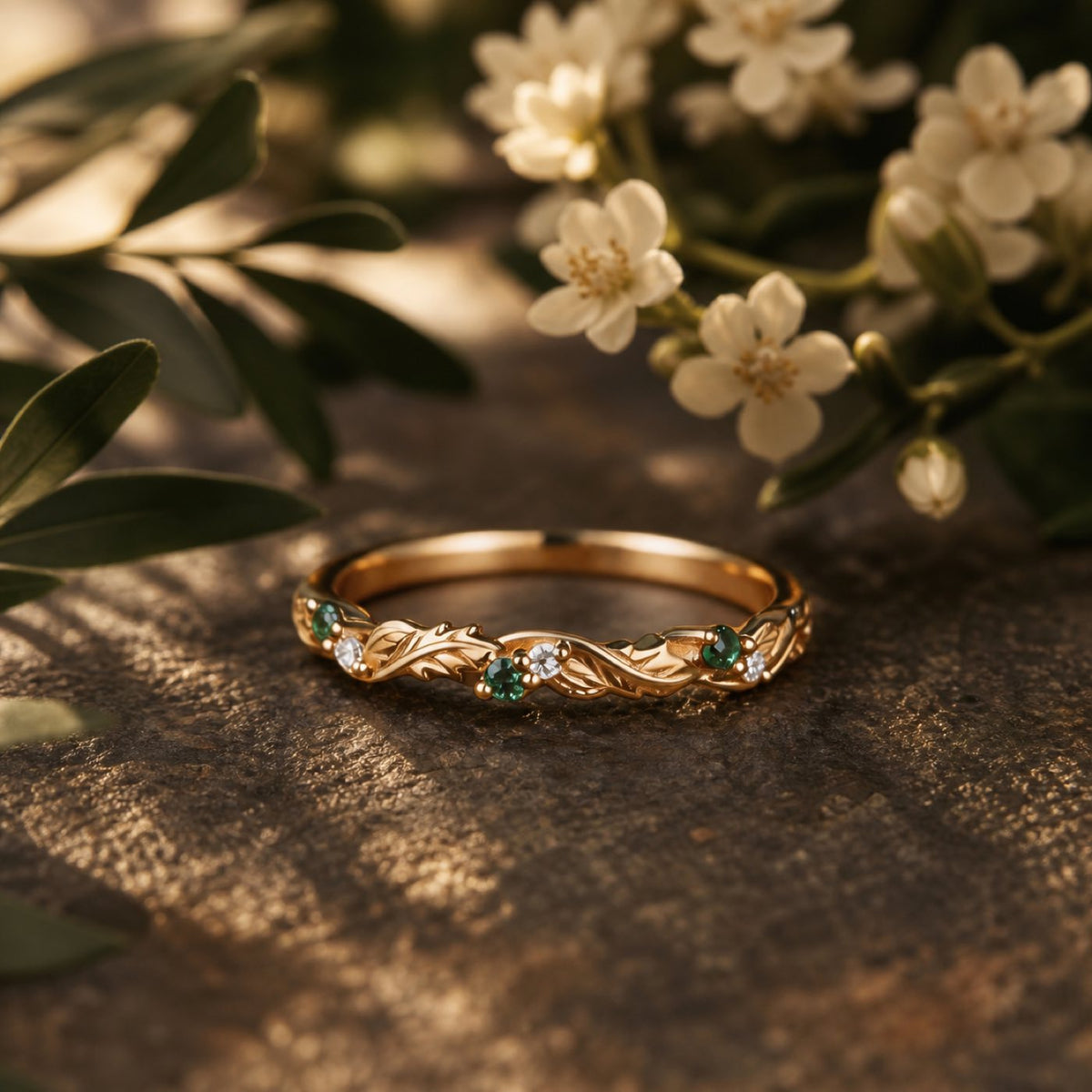Leaf inspired eternity green sapphire and moissanite wedding band on warm botanical stone