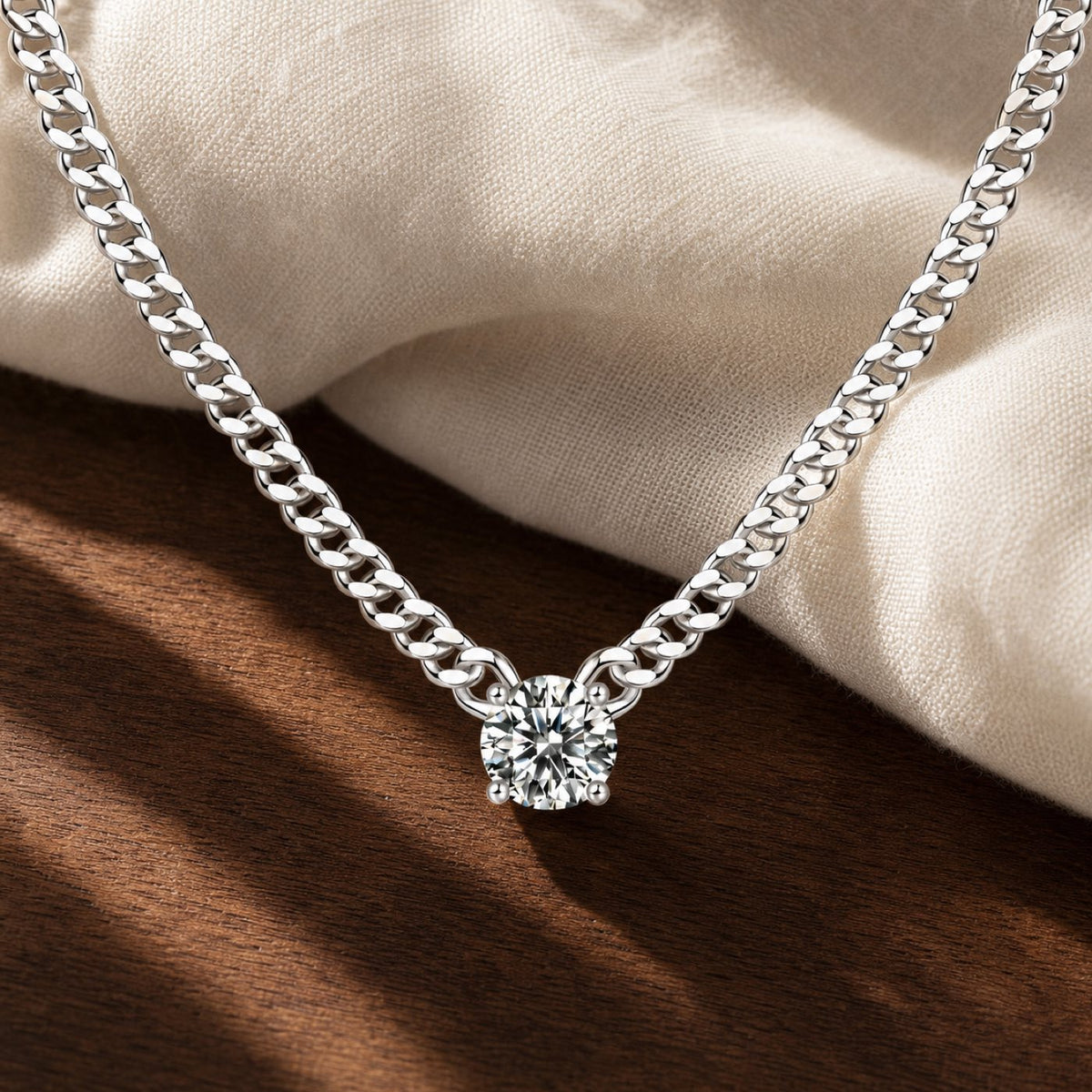 Pavé dog tag statement pendant necklace in silver moissanite on warm walnut