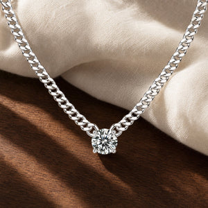 Pavé dog tag statement pendant necklace in silver moissanite on warm walnut