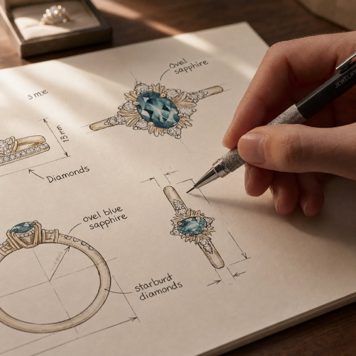 Premier bespoke ring consultation and design service on warm studio background