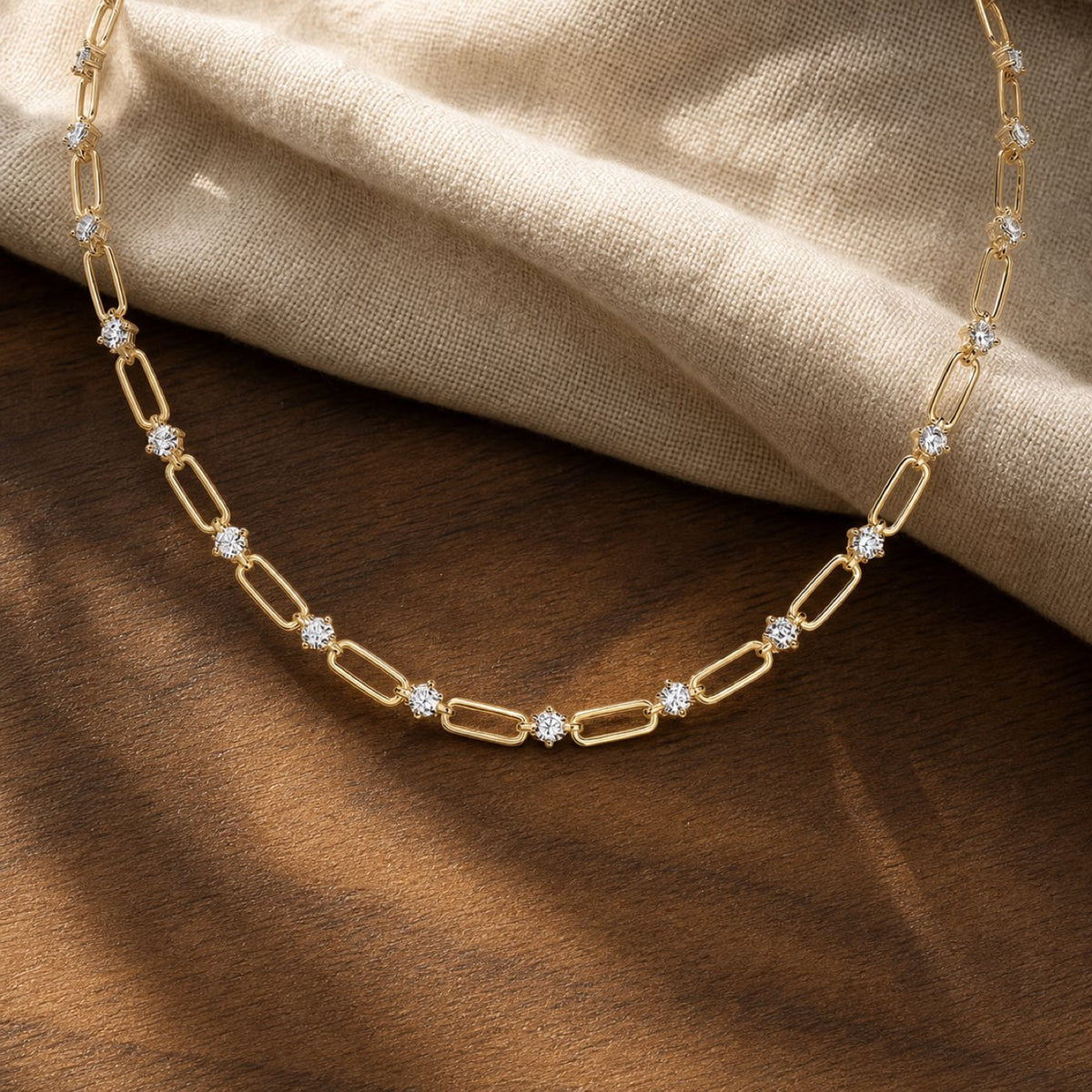 Silver moissanite chunky Cuban link chain statement necklace on warm walnut