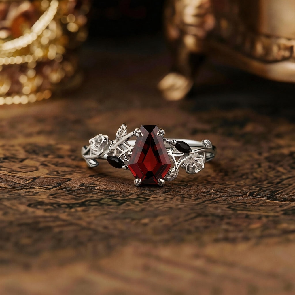 Halloween Theme Design Coffin Cut Lab-grown ruby Engagement Ring