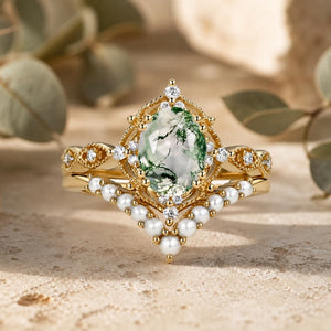 Charlotte 1.5ct Signature Moss Agate Vintage Ring Set 2pcs — front view in warm botanical studio setting