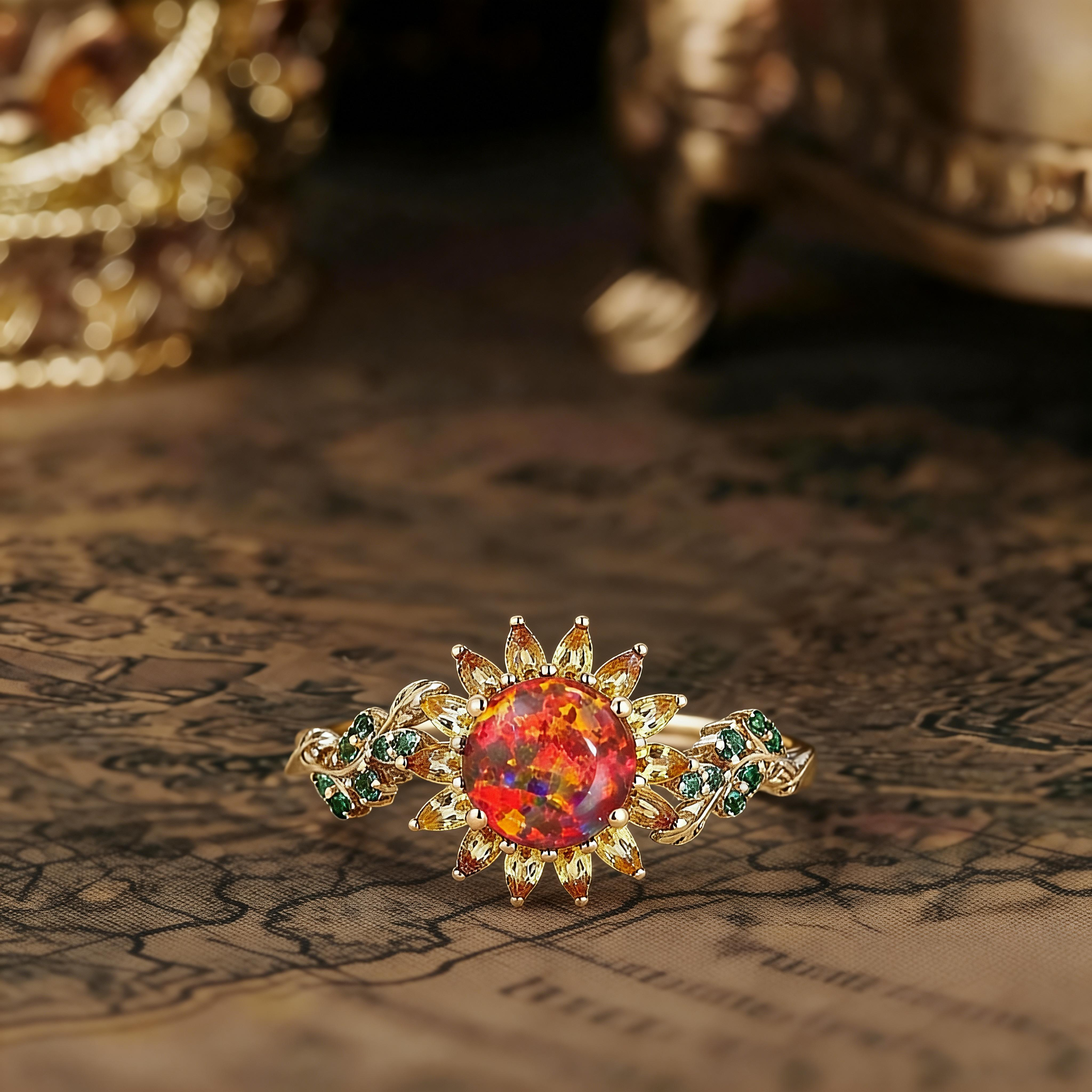 Black Opal and Lab Emerald Sunflower Engagement Ring