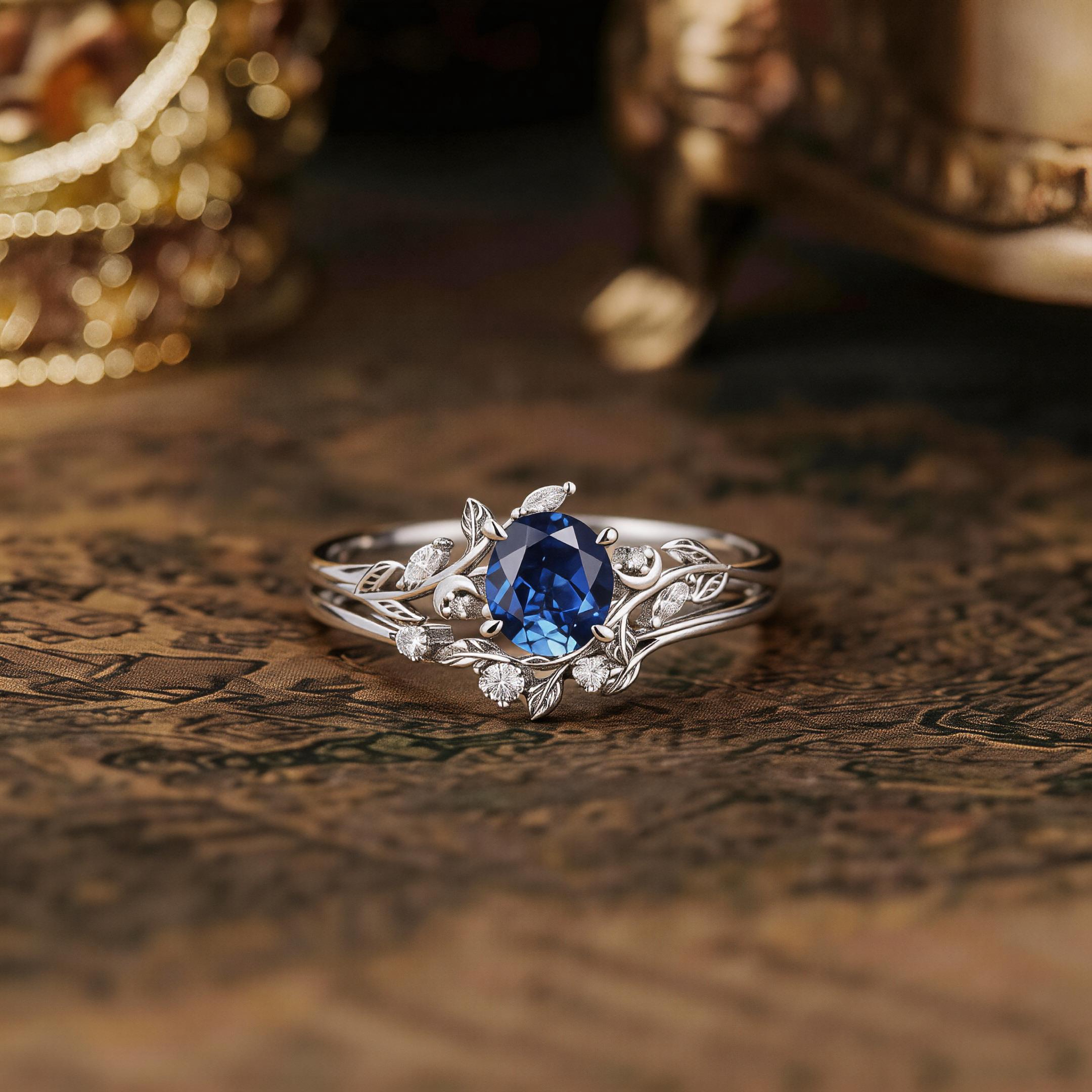Nartyajewelry | Lab Sapphire Leaf and Moon Engagement Ring Set