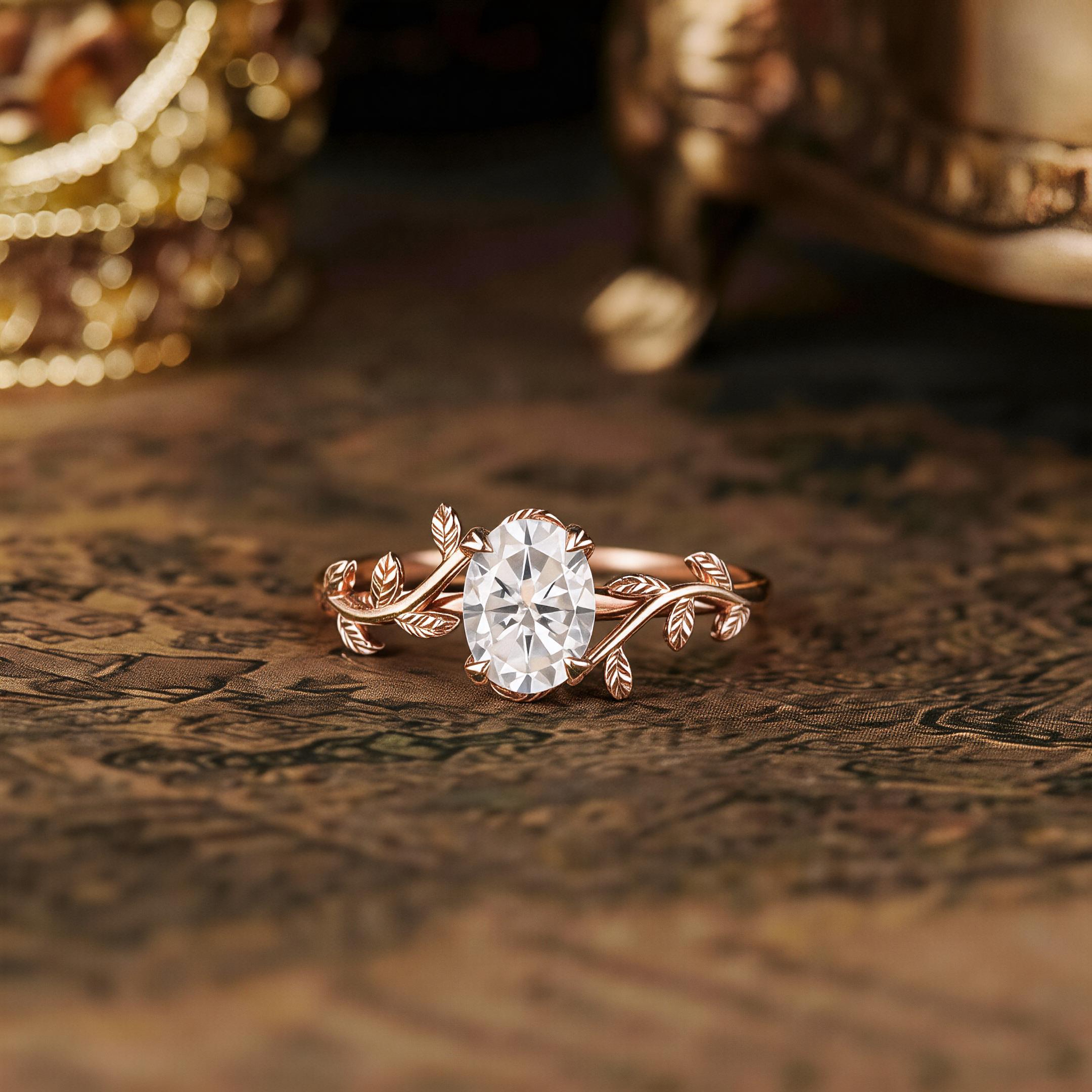 1.5ct Oval Cut Moissanite Engagement Ring, Leaf Design Gold Ring for Women