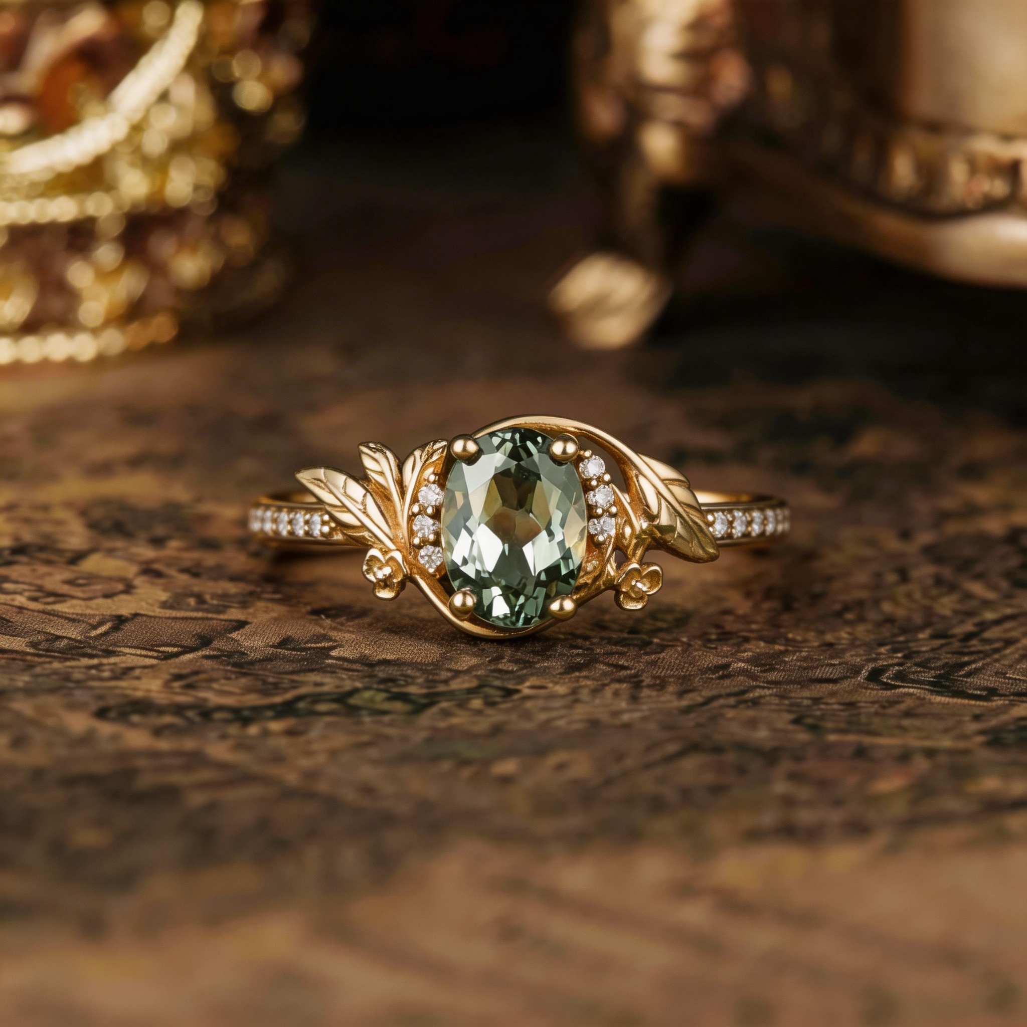 Leaf Inspired | Unique Olive  Lab Green Sapphire Flower Engagement Ring