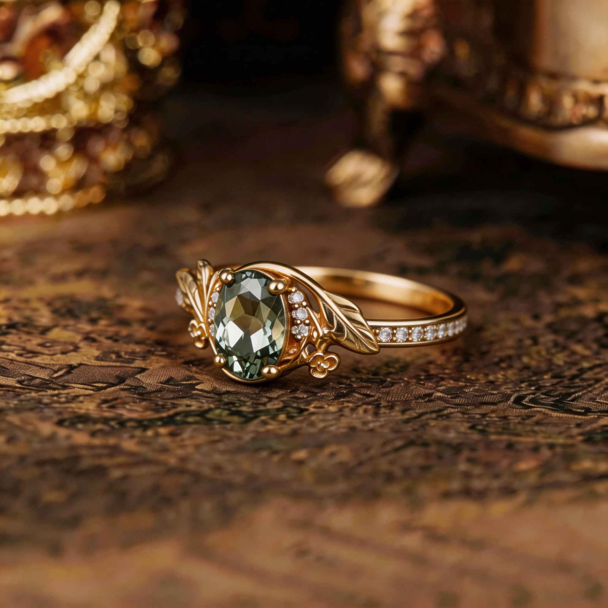 Leaf Inspired | Unique Olive  Lab Green Sapphire Flower Engagement Ring