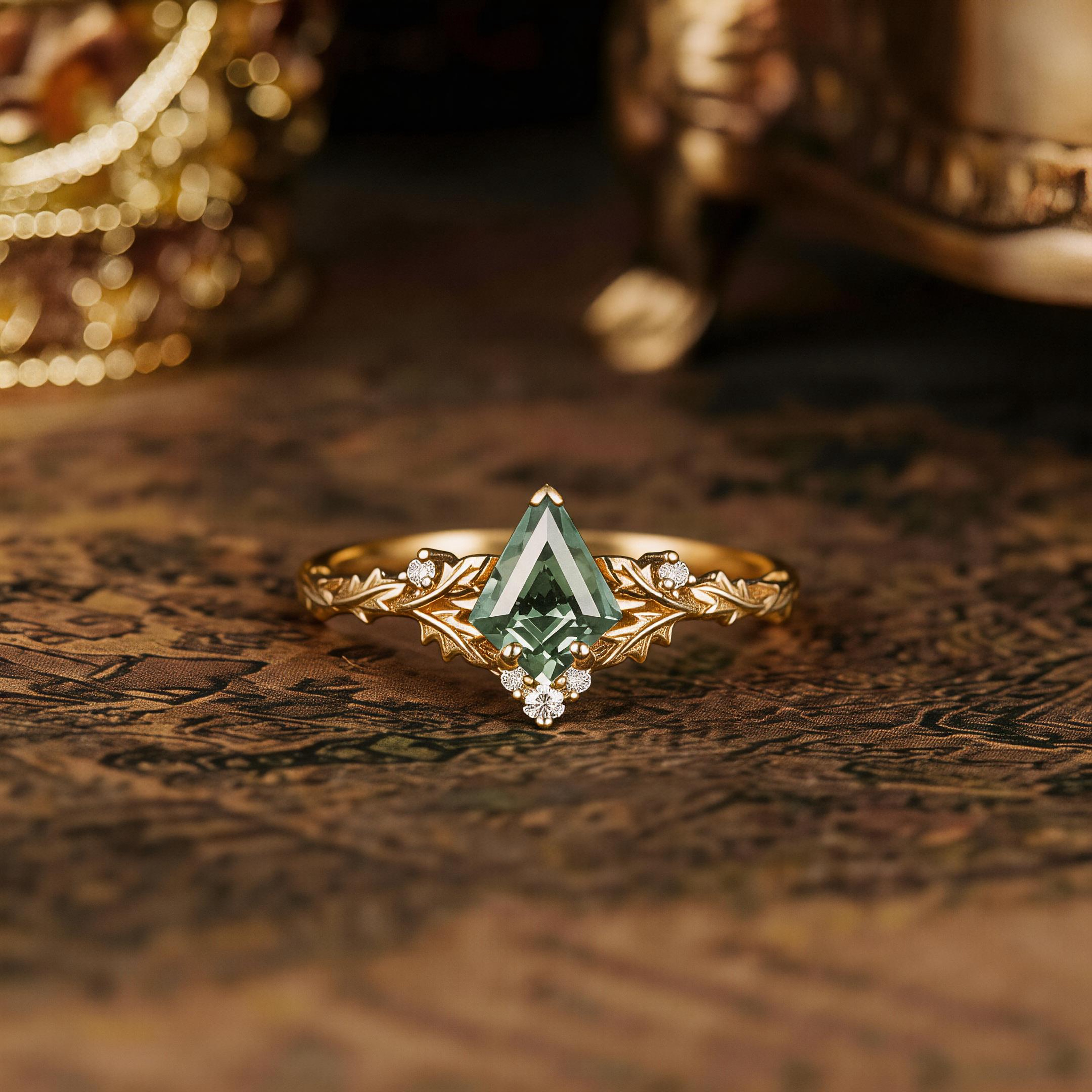 Leaf Inspired | Kite Cut Olive Lab  Green Sapphire Engagement Ring