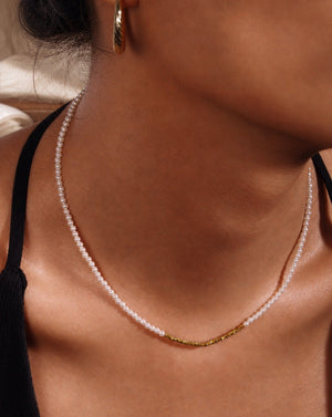 Minimal Mini Gold Beaded Pearl Choker Necklace worn image