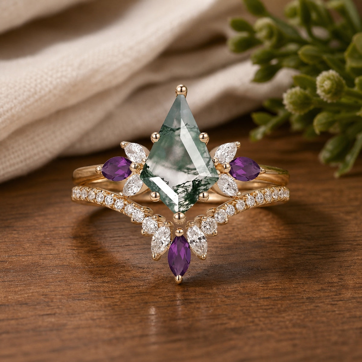 Isadora's Reverie vintage kite-cut moss agate and amethyst two-piece bridal set