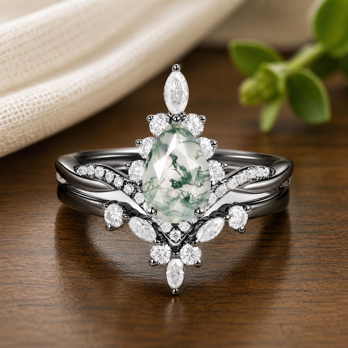 Unique Moss Agate Pear Shape Engagement Ring Sets 2pcs
