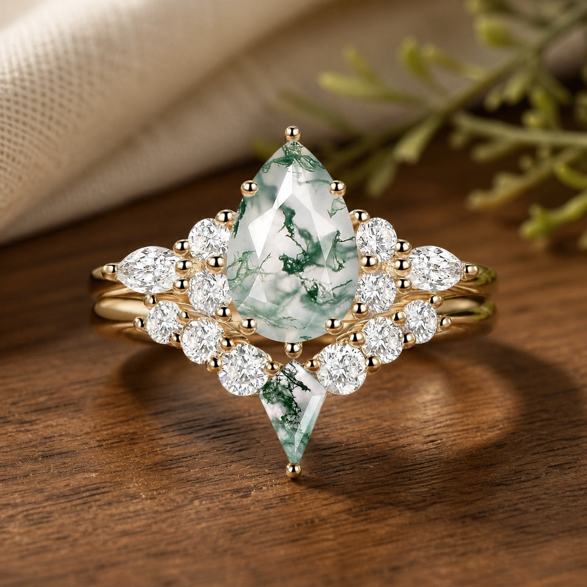 Zoey Twin Flames Pear Cut Unique Moss Agate Engagement Ring Sets 2pcs