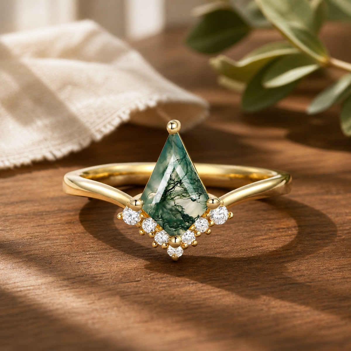 Seraphina’s Verdure | Kite Cut Moss Agate Engagement Ring