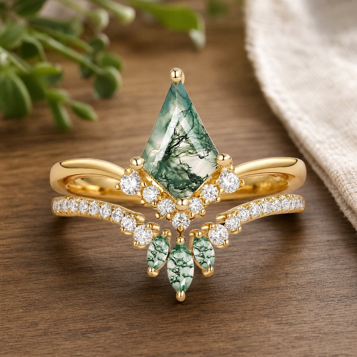 Aero kite-cut moss agate classic engagement bridal set in a warm walnut and linen jewelry setting