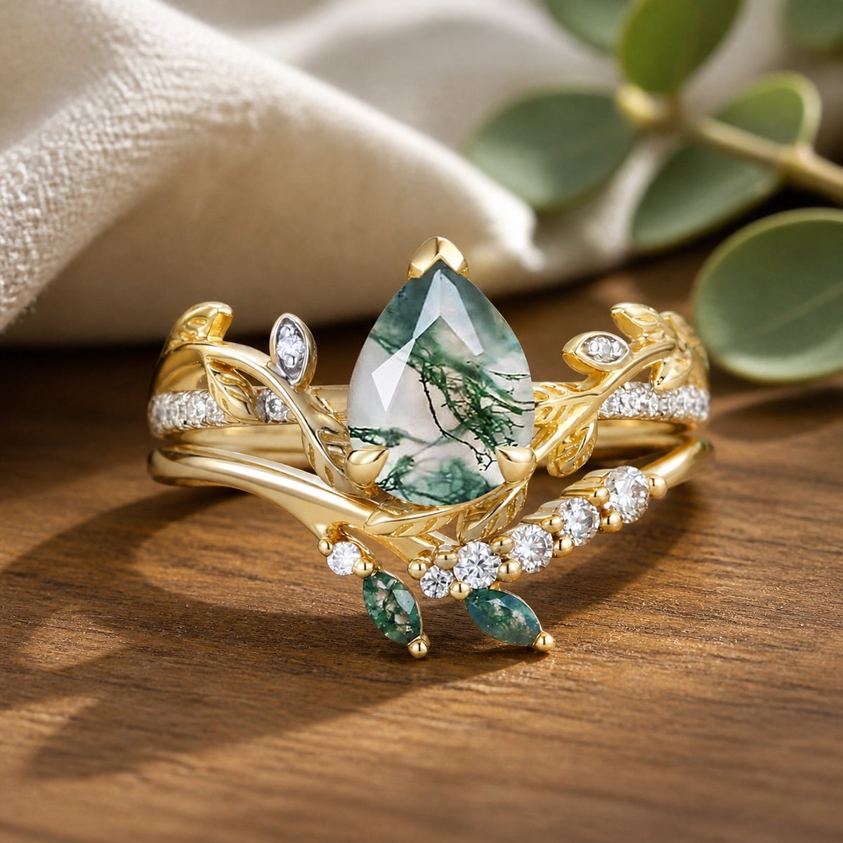 Cordelia's Reverie pear moss agate bridal ring duo
