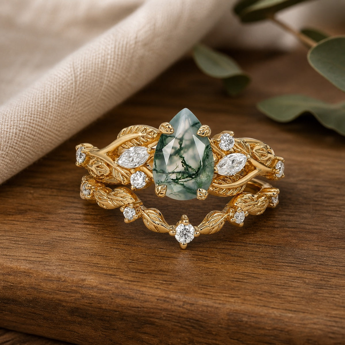 Rosalind’s Heirloom | Pear Cut Moss Agate Leafy Vintage Bridal Set 2pcs