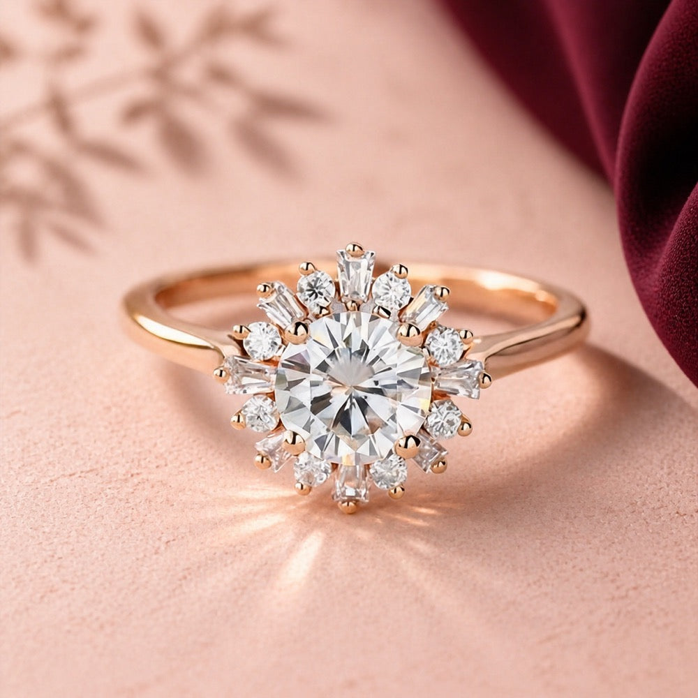 Sunflower Moissanite Halo  Inspired Ring