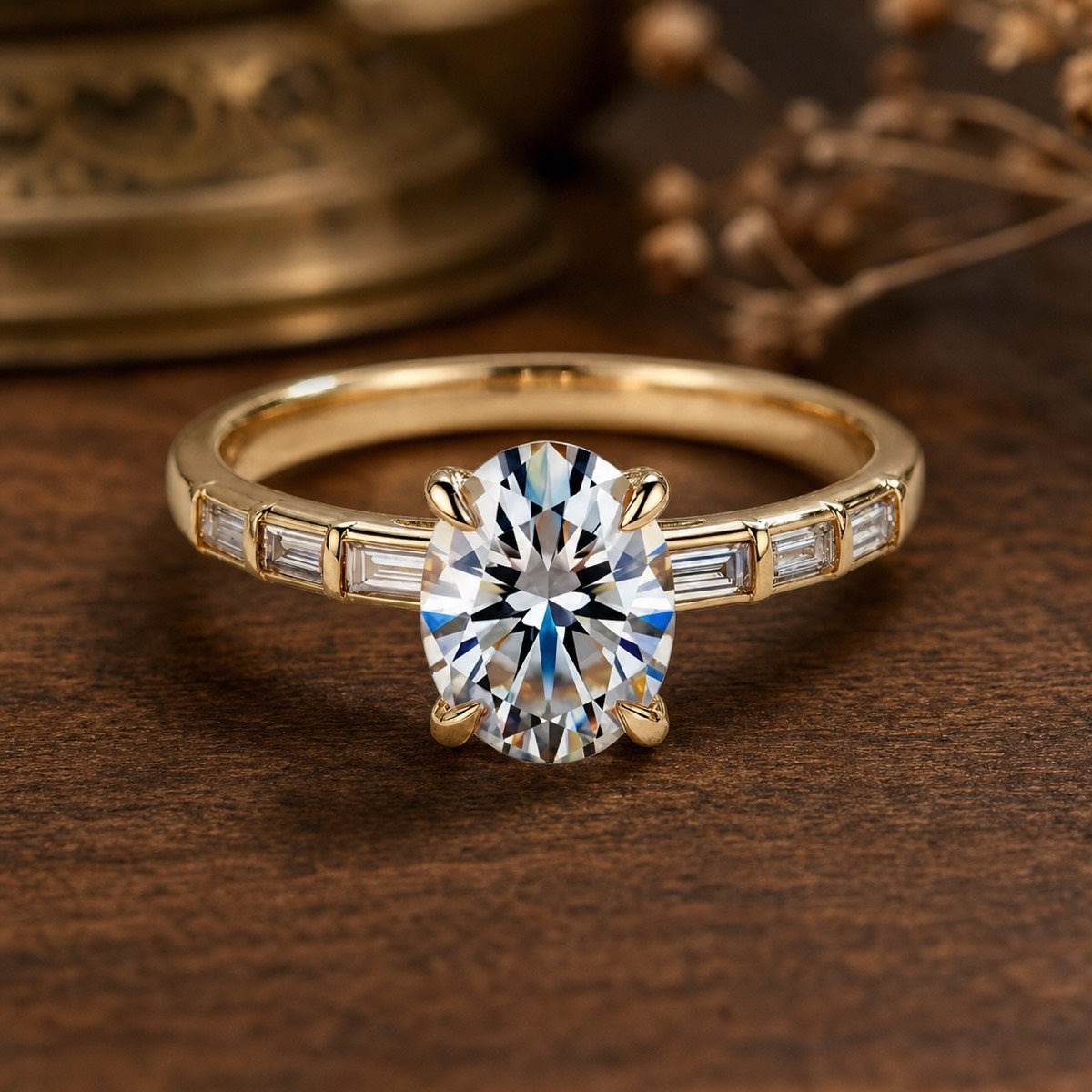 Lumiera’s Prism | 2CT Oval Diamond Solitaire Engagement Ring – front view on warm walnut background