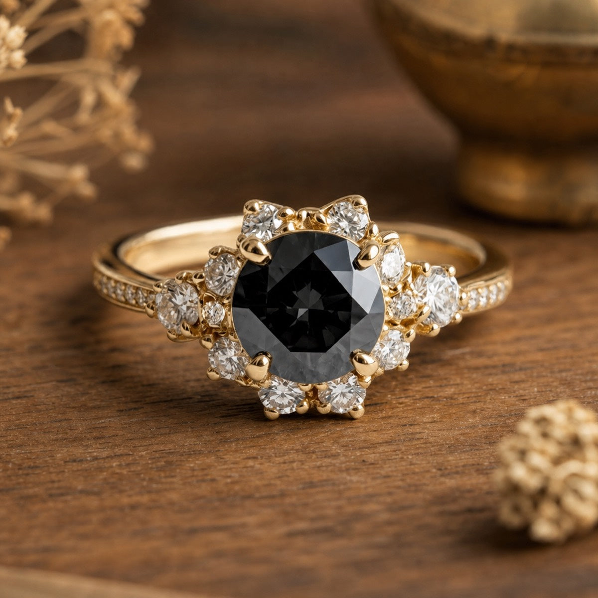 Marina’s Nocturne | Round Black Diamond Halo Engagement Ring – front view on warm walnut background