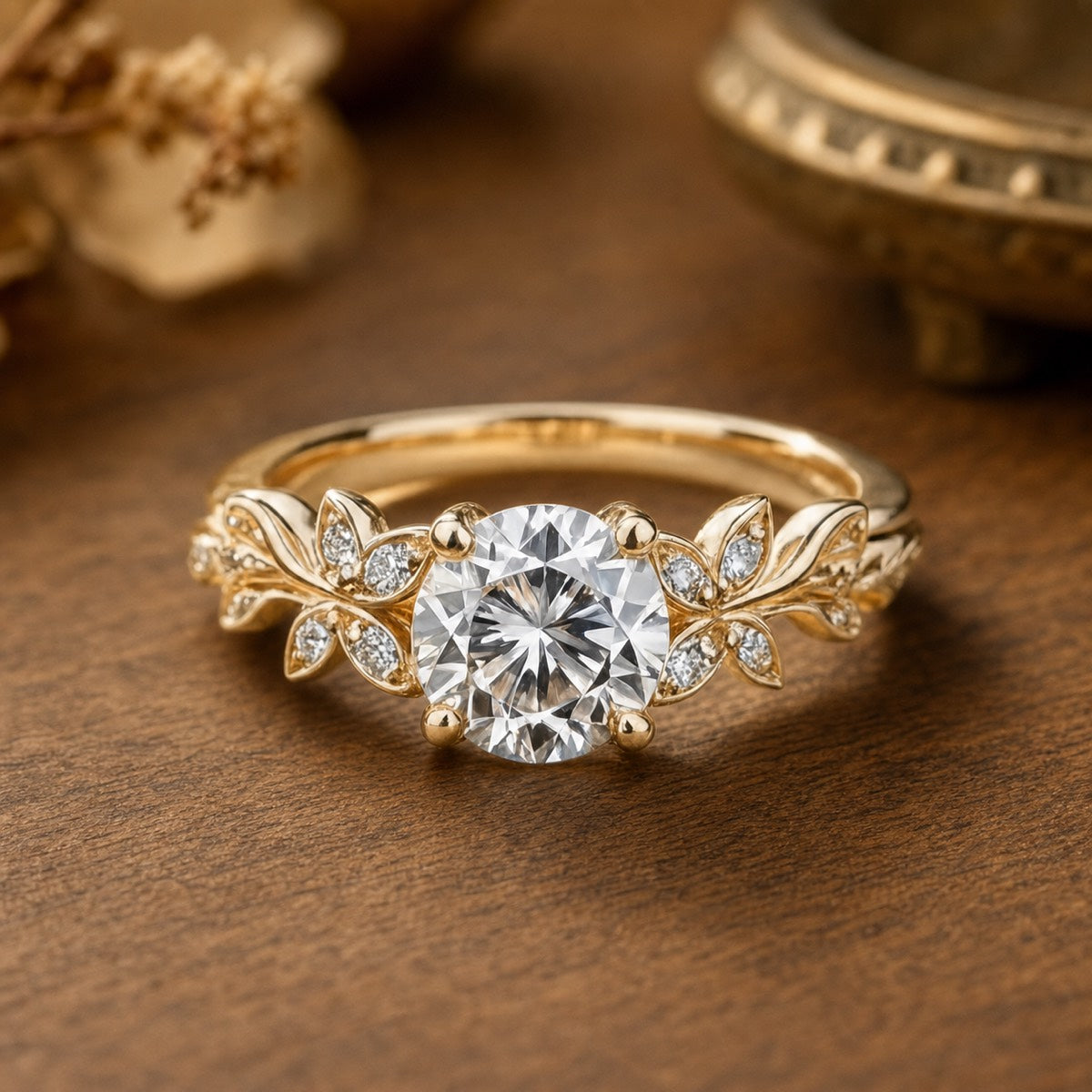 Flora’s Sprig | Round Cut Diamond Leafy Engagement Ring – front view on warm walnut background