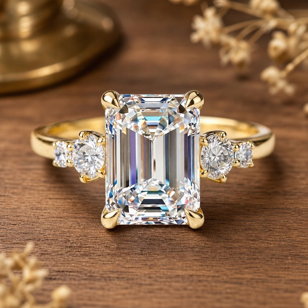 Lyra’s Prism | 2CT Emerald Cut Diamond Classic Engagement Ring – front view on warm walnut background