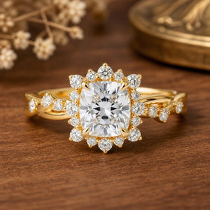 Aurora’s Grace | 2CT Cushion Cut Diamond Engagement Ring – front view on warm walnut background