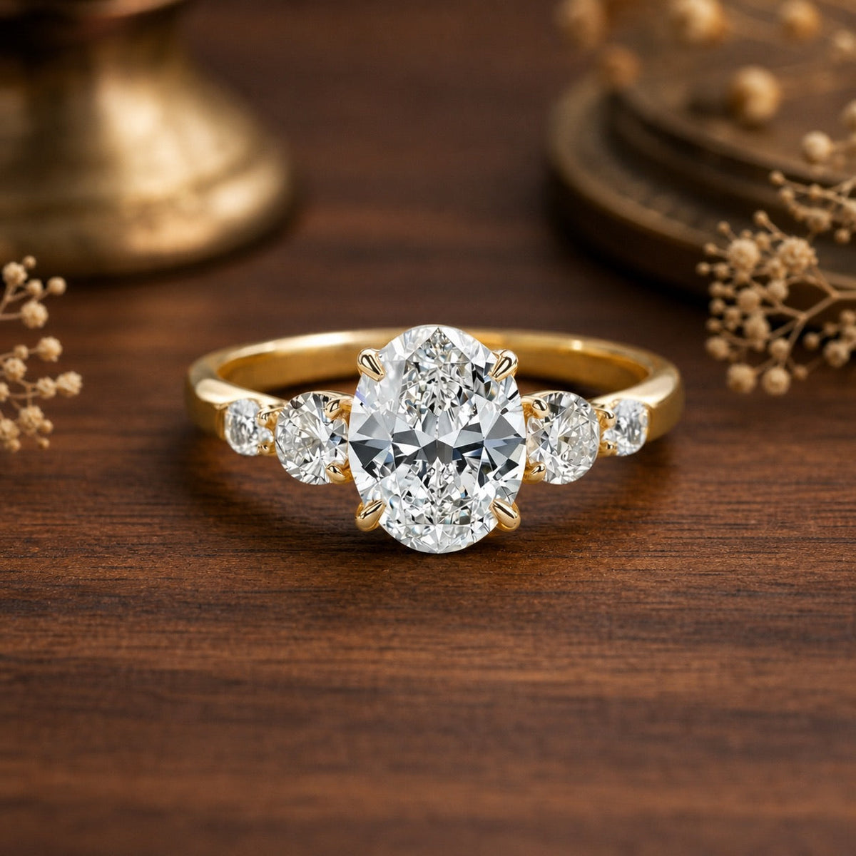 Audrey‘s Brilliance | 1CT Classic Oval Cut Diamond Ring – front view on warm walnut background